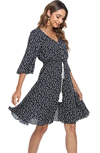 Image of VintageClothing Women's Floral Sundresses Flowy Boho Summer Beach Dress | Lightweight Breathable material,Elegant V Neck and Button Front Design,Flared Bell Sleeve Cut,Mini Casual dress