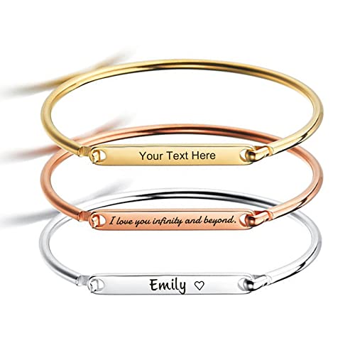 Jubope Personalized Name Bar Id Bracelets, Double Side Engraved Custom Bracelet Gift For Woman 18K Gold Plated Round Bracelet With Name Birthstone #TOP28