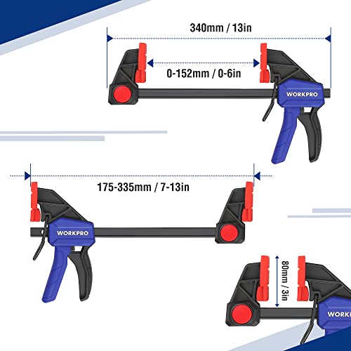 WORKPRO Heavy Duty Bar Clamps for Woodwork, Up to 1350 N Clamp Force, 6''(150mm) Wood Clamps/13(330mm) Spreader, Quick Release & One-Handed F Clamp