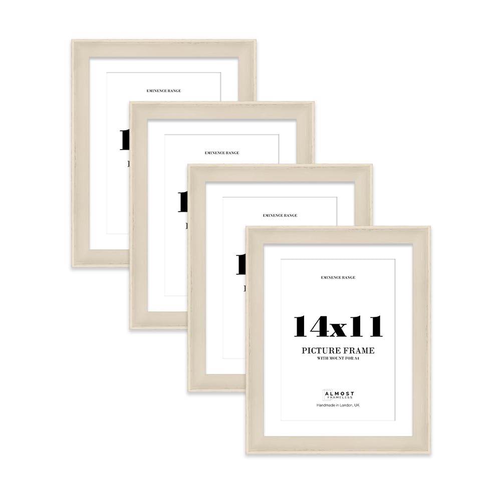14x11" Cream Picture Frame with A4 Mount - Shabby Chic Photo Frame with Distressed Finish, Wall Hooks and Kickstand, 32mm Edge - 4 Pack โ image 1