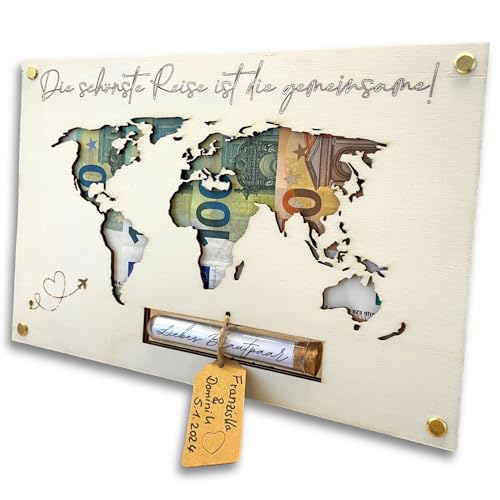 Geldgeschenk Hochzeit Weltkarte Holz | Tolles Hochzeitsgeschenk für Brautpaar | Paargeschenk | Hochzeits-Geldgeschenk | Flitterwochen-Geschenk | Personalisierbar im Reagenzglas