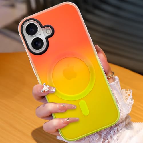 Image of AIGOMARA Magnetic Case for iPhone 17, Compatible with Magsafe, Fluorescent Iridescent Case for Women Girls, Shockproof Translucent Matte Protective Cover 6.3 Inch 2025, Orange Yellow