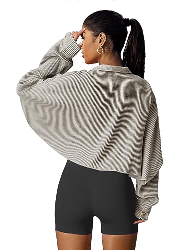 Image of Panadila Women's Cropped Waffle Knit Shacket Short Button Down Jacket Batwing Sleeve Shirts with Pocket