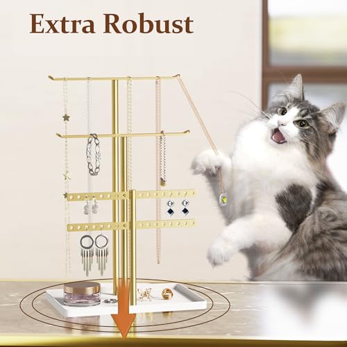 Schmuck Organizers, Schmuckständer 32cm Groß, 4 Ebenen Robust Schmuckaufbewahrung Reise, Schmuckschrank für Halskette, Armband, Parfüm und Ohrringe, Deko Aesthetic Accessoires, Gold/Weiß – Bild 3