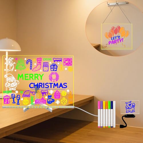 Fincoly Tablero de notas LED con soporte de pared, tablero acrílico de borrado en seco de 15 x 12 pulgadas con cadena, 7 marcadores brillantes para dibujar, mensaje, interruptor USB, control de