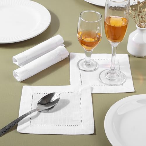 Image of Fingercraft Cotton Cocktail Napkins 6x6 Inches - Set of 12 Reusable Cloth Beverage Coasters with Elegant Ladder Hemstitch - Perfect for Parties, Bars & Home Use (White Slub)