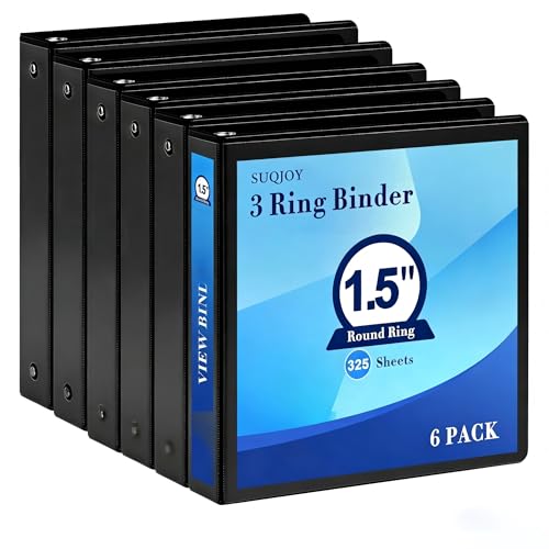 SUQJOY 1.5-Inch 3-Ring Binder with Pockets 1-1/2 Clear View Binders PVC Free Holds up to 325 Sheets US Letter Size Perfect for School Office and Home(6 Pack Black)