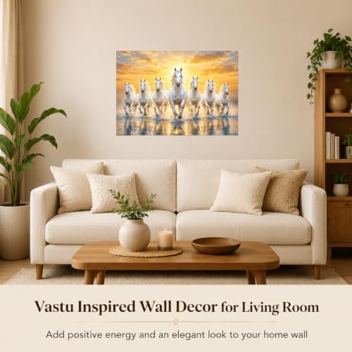 Image of Seven Horses Vastu Wall Sticker for Home & Office, 7 Running White Horses Sunrise Wall Art, Positive Energy Wall Decor for Living Room, Bedroom, Entrance & Office