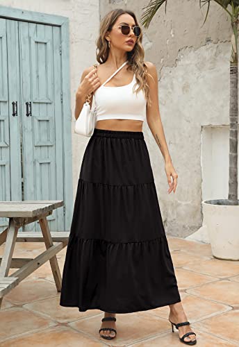 Image of Annebouti Womens Spring Summer Boho Elastic Long Skirts High Waist Pleated A Line Tiered White or Black Maxi Skirt