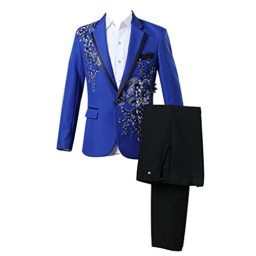 Mens 2 Pieces Luxury Embroidered Suits 1 Button Print Dinner Tuxedo Jacket Pants Prom Wedding Elegant Blazer Dress Suit (Blue,Medium)