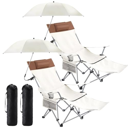 Yuntau 2 Set Reclining Beach Chairs with UPF 50+ Umbrellas, Upgraded Heavy Duty Portable Folding Lounge Camping Chair with Removable Footrest & Headrest for Outdoor Fishing Patio(White)