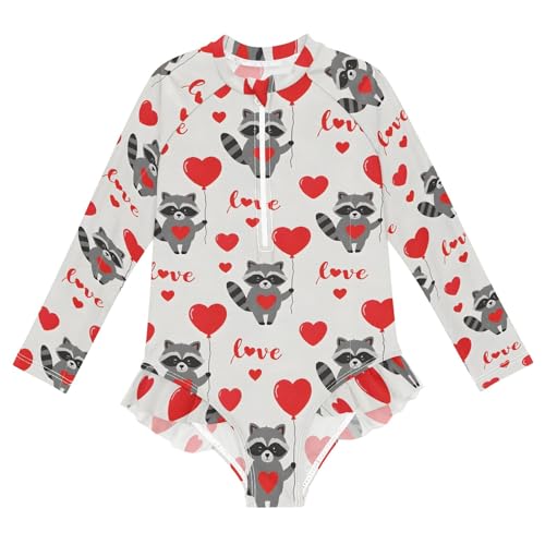 ALAZA Toddler Swimsuit Girl Bathing Suit Swimwear Rash Guard Raccoon Heart Long Sleeve 3T