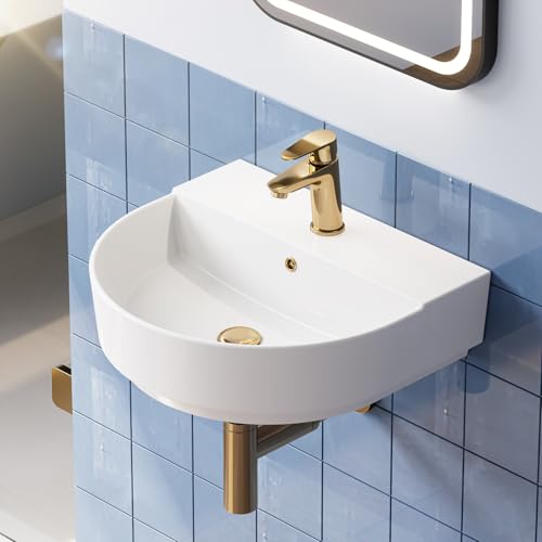 HOROW Waschbecken Oval Keramik Weiß, Waschtisch Klein Toilette WC Handwaschbecken, Aufsatzwaschbecken Rund Gäste WC, 50 cm breit, Wandhängend mit Überlauf und Hahnloch, Weiß