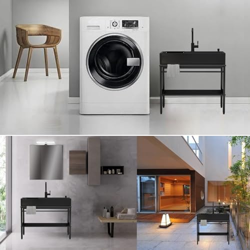Freestanding Utility Sink,Laundry Room Sink for Washing Dishes,Free Standing Stainless Steel Utility Sink,Outdoor Kitchen Commercial Sinks,Black Single Tub Set w/Faucet,Storage Shelve,Indoor