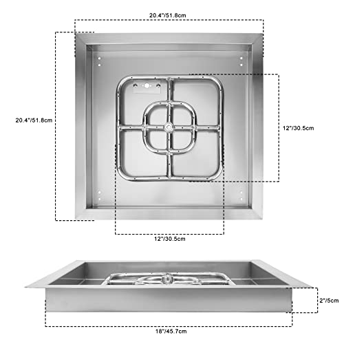 Image of Onlyfire 18 Inch Square Fire Pit Burner Pan with Square Burner Ring - 304 Stainless Steel Drop-in Gas Fire Pit Insert for Natural Gas & Propane, 92,000 BTU, Square Flame Pattern for DIY Fire Table