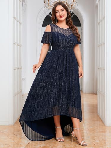 Image of ZOMVA Plus Size Sparkly Mesh Maxi Dress Cold Shoulder Ruffle Sleeve High Low A Line Dresses Wedding Guest Cocktail Party