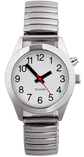 Montre parlante à quartz pour femme avec bracelet extensible en acier inoxydable