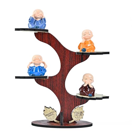 Image of ZAICUS Buddha Monk Showpiece Set of 4 | Wooden Tree Stand Monk Figurines | Decorative Item for Living Room, Office Home Decor, Birthday Gift