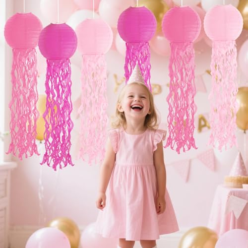 Image of Set of 6 Hanging Jellyfish Paper Lanterns Blue Jellyfish Decor for The Sea Ocean Party, Mermaid Birthday Decoration, Baby Shower, Nautical Events (Pink)