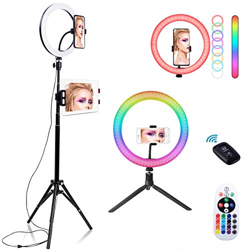 RGB Ring Light with Stand and Phone Holder, Holder for iPad, Desktop Tripod 30 LED Colors 10 Inch Selfie Ring Light 9 Level Dimming Circle Light for TIK Tok/Video/YouTube Compatible with iOS/Android