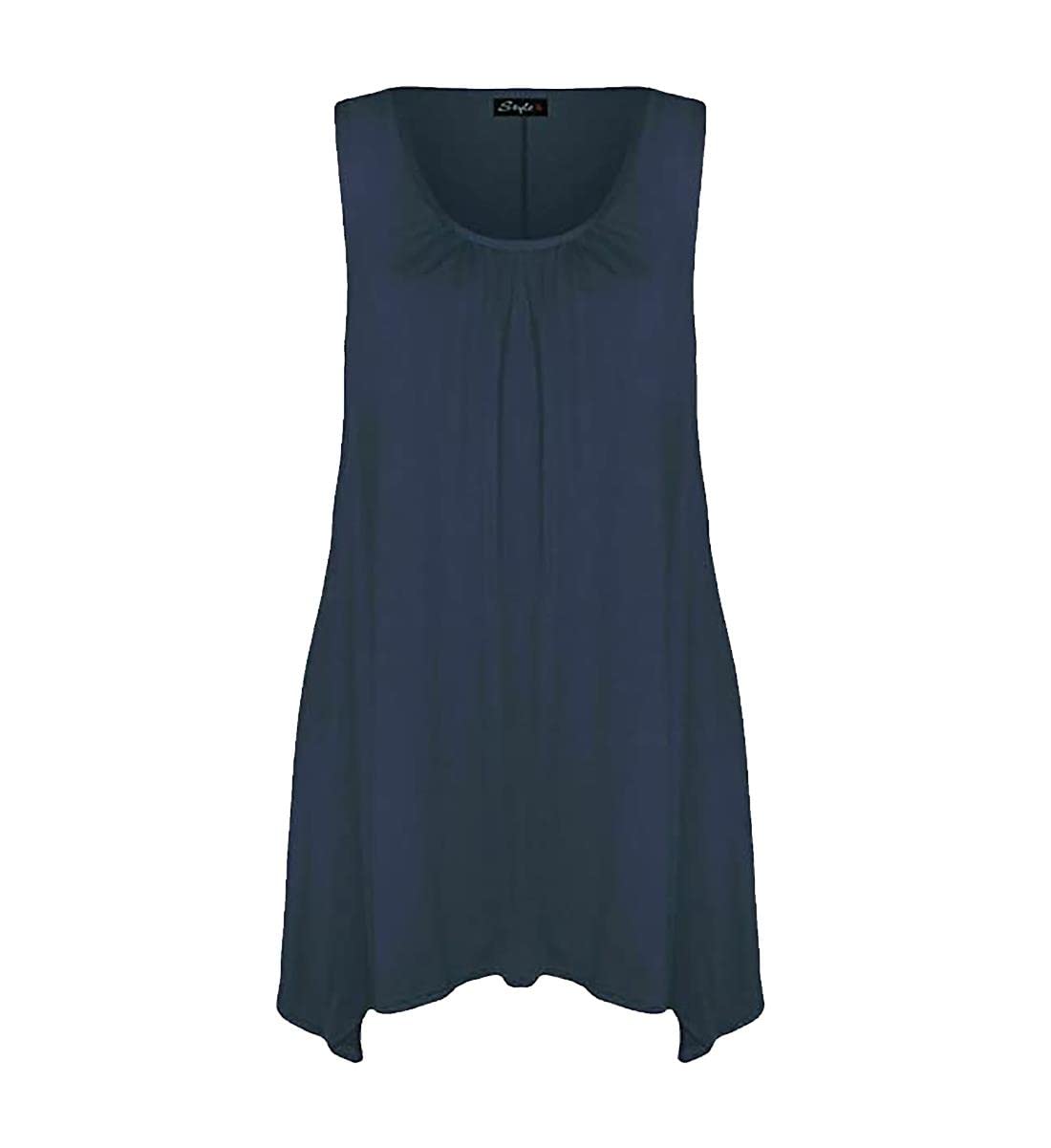Real Life Fashion Ltd Women's Navy Sleeveless Hanky Hem Top Plain Gathered Top Scoop Neck Tunic Shirt Flared Vest Top