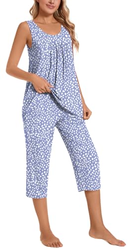 TAOHUADAO Womens Summer 2 Piece Pajama Sets, Sleeveless Tops with Capri Pants, Lounge Ladies Pjs Sets with Pockets3