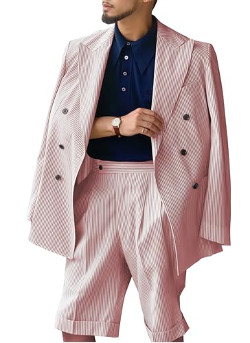 Seersucker Suit Shorts for Men Slim Fit Double Breasted Short Suit Set 2 Piece Blazer Short Pinstripe Outfits for Summer