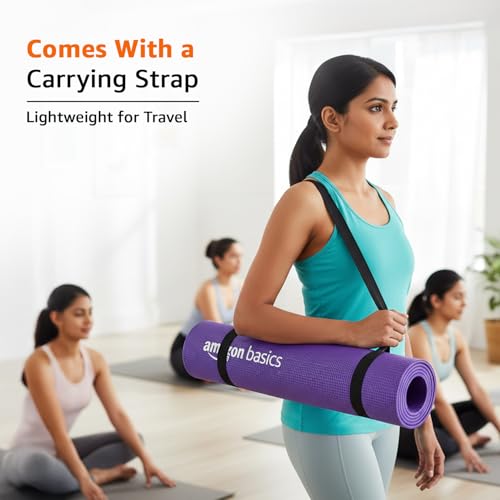 Image of Amazon Basics 6 MM Yoga Mat with Carry Strap | Grippy Surface | Anti-Slip Exercise Mat | PVC Material | Yoga Mat for Men & Women | Exercise Mat for Gym or Home | Purple