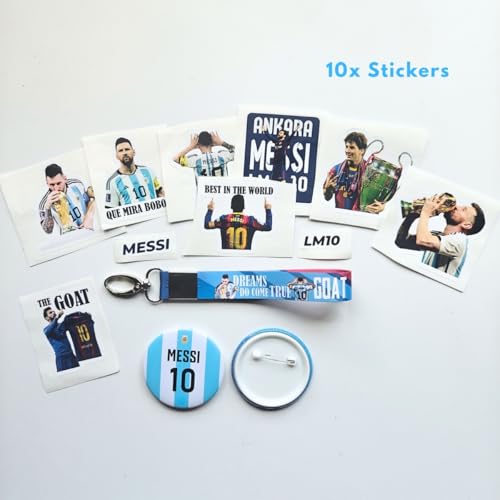 Image of TenorArts Lionel Messi Gift Box Merchandise for Fans - 5x7 Inches Laminated Photo Frame,1 Messi Keychain, 1 Badge, 4 4x6 inches Sized Posters, Multi sized Stickers - 5 items in 1 Box | Perfect for Gifting Football Fans