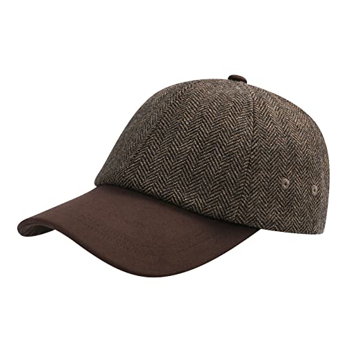 BOTVELA Wool Baseball Cap for Men Adjustable Unstructured Tweed Hat (P Herringbone Khaki)