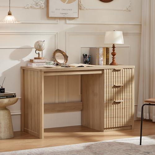 LEYAOYAO Office Desk 48 with 3 Drawers Storage File Cabinet Wood Fluted Desk for Computer Office Bedroom Home Furniture Natural