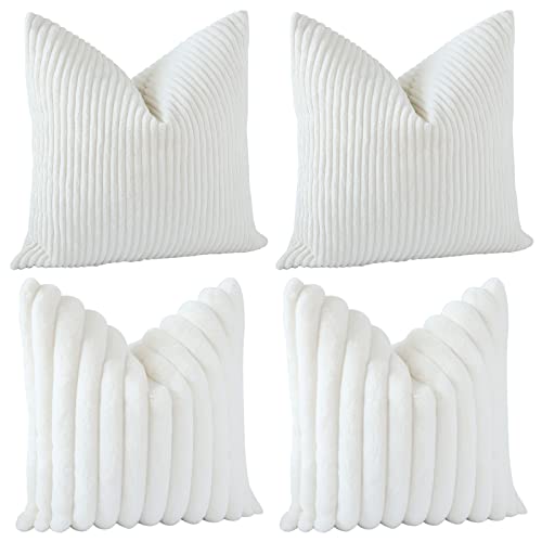 JOTOM Set of 4 Striped Corduroy Cushion Covers 45x45 cm Faux Fur Plush Pillow Case Decorative Throw Pillow Covers Soft Pillowcase Couch Sofa Pillow Covers for Bed Home Outdoor Decor (Beige White) JOTOM Set of 4 Striped Corduroy Cushion Covers 45x45 cm Faux Fur Plush Pillow Case Decorative Throw Pillow Covers Soft Pillowcase Couch Sofa Pillow Covers for Bed Home Outdoor Decor (Beige White)