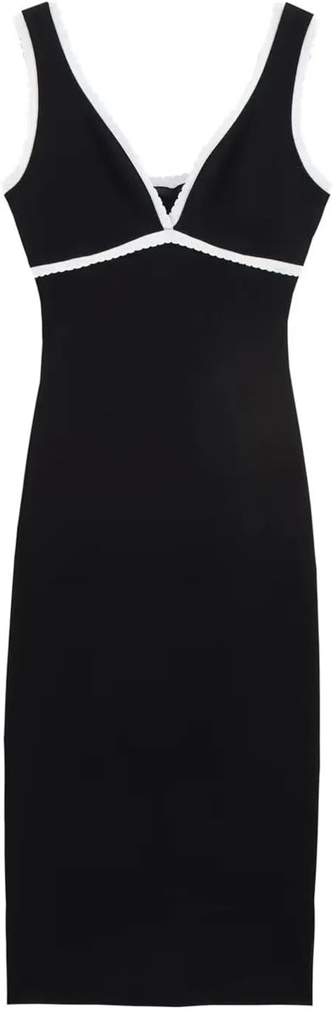 Women's Knitted Sling Party Dress - V-Neck Contrast Chic Evening Summer Style