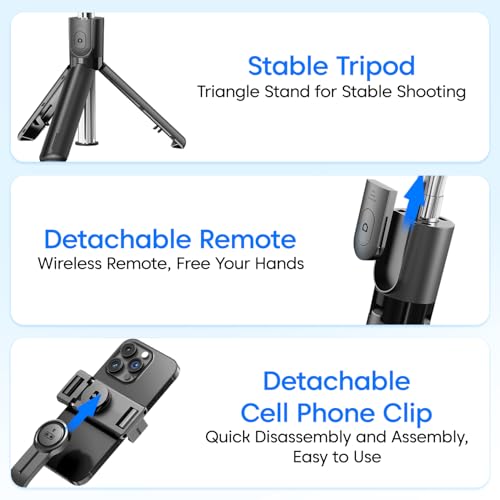 Image of Sounce 3-in-1 Foldable Tripod Selfie Stick with Detachable Wireless Remote | Lightweight & Portable Phone Tripod | Compatible with iPhone & Android Smartphones | for Vlogging, Selfies & Photography