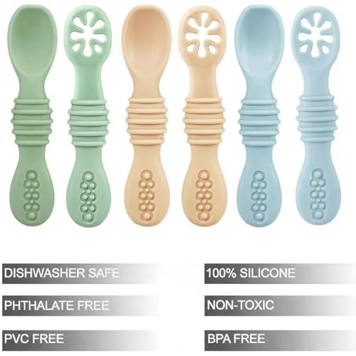 PandaEar Silikon Babylöffel Lernlöffel blw Löffel, 6 Stück Weich Esslernlöffel Baby Löffel Brei ab 4 6 Monaten zum Selber Essen, BPA frei Breilöffel Baby Spoon Self Feeding, Blau Grün Beige