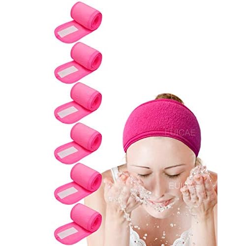 EUICAE Hairband, Pack of 6 - Hot Pink Spa Headband, Adjustable Size, Soft Terry Cloth, Washer & Dryer Friendly, Makeup, Sport, Hair Care, Salon, Gym, Yoga, Dance, Adults