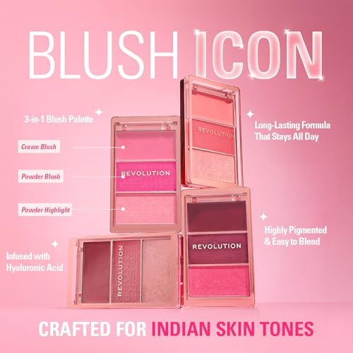 Image of Revolution, Blush Icon Palette, Cream & Pressed Powder Blusher, Highly Pigmented, Face Palette, Vegan & Cruelty-Free, 3 Shades (Hot Pink Flag, 9.8gm)