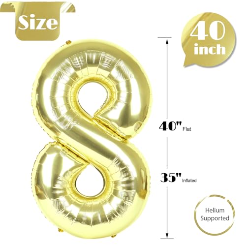 Image of Light Gold Number 8 Balloon 40 Inch, 8th Birthday Party Decorations, Giant 8 Foil Balloon for Party Supplies