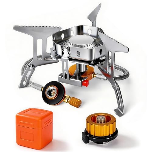 FuYelng 6800 W Rechaud Camping Gaz Pliable avec Allumeur Piézoélectrique et Adaptateur, Rechaud Gaz Coupe Vent Portable Brûleur, pour Randonnée Trekking Camping Pique Nique Outdoor