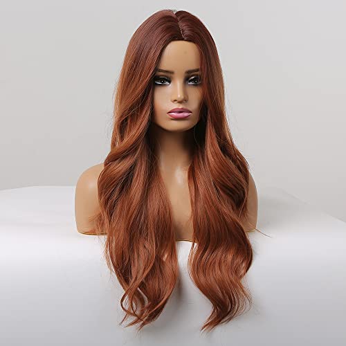 Qihang Long Auburn Wigs For Women 26 Inch Middle Part Curly Wavy Wig Natural Looking Synthetic Heat Resistant Fiber Wig For Daily Party Use-Copper Red #TOP6