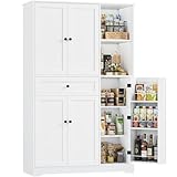 FirFurd Küchenschrank mit Gewürzregal Mehrzweckschrank Vorratsschrank Buffetschrank mit 5 Türen und 1 Schublade Küchenmöbel Hochschrank für Küche Wohnzimmer Flur 173x104x40cm weiß