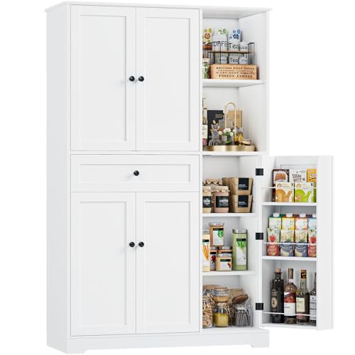 FirFurd Küchenschrank mit Gewürzregal Mehrzweckschrank Vorratsschrank Buffetschrank mit 5 Türen und 1 Schublade Küchenmöbel Hochschrank für Küche Wohnzimmer Flur 173x104x40cm weiß