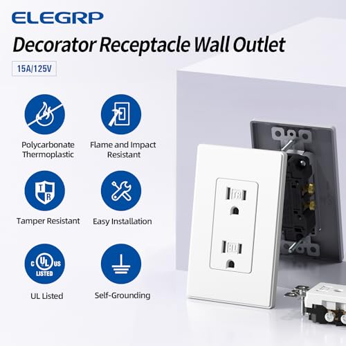 ELEGRP Matte White Tamper Resistant Decorator Wall Receptacle Outlet, 15A 125V Electrical Outlet, Residential Grade, Self-grounding, Screwless Wall Plate Included, UL Listed, 5 Pack by ELEGRP - Image 2