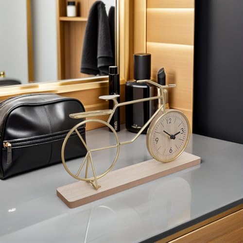 Reloj de mesa de bicicleta dorado vintage Operitacx de madera e hierro 8