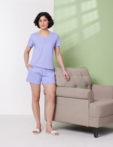 Image of Symbol Premium Women's Pure Cotton T-Shirt and Shorts Night Suit | Henley Neck | Two Piece Set |Regular Fit (Available in Plus Sizes)