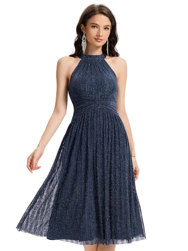 Ever-Pretty Women's Summer Halter Sleeveless Pletaed Midi Glitter Formal Evening Gowns 41962