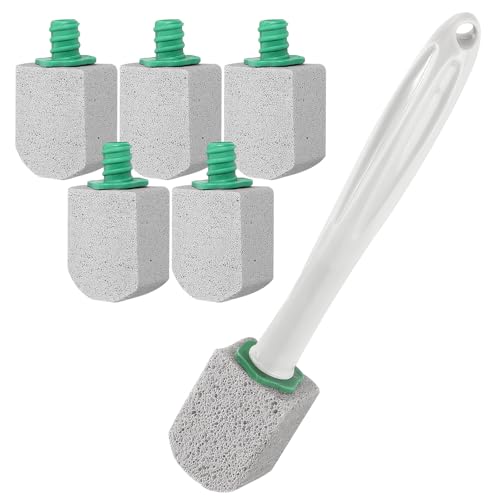 Hautllaif WC-Reiniger mit Griff – 5 Ersatzköpfe aus Glasstein für Toilette & Bad – Langer Stiel, Aufhängbar, Effektive Entfernung von Kalk, Urinstein & Rost – Weiß