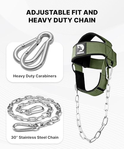 Image of DMoose Fitness Neck Harness for Weight Lifting - Neck Exerciser with 30 inch Heavy Duty Steel Chain - Neck Strengthener to Support Injury Recovery - Adjustable Head & Chin Strap (Military Green)