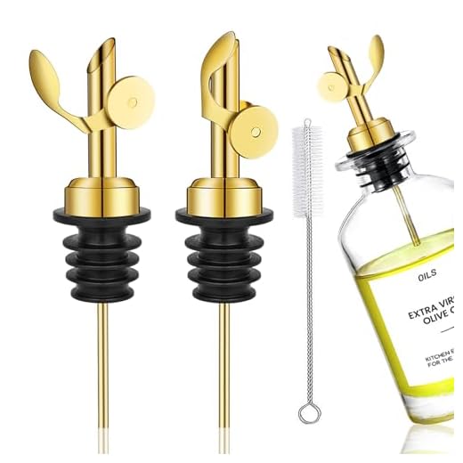 WAFJAMF 2 Pcs Weighted Stainless Steel Bottle Pourers, Self Closing Olive Oil Dispenser Spout, Auto Flip Feature Liquor Pour Spouts for Pours Liquid, Olive Oil, Wine, Vinegar (Gold)……