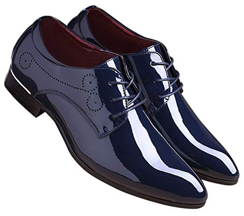 Dress Shoes for Men Pointed Toe Classic Patent Leather Lace Up Oxford Blue Red White